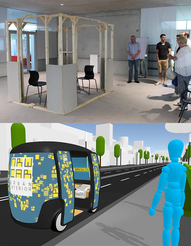 This picture shows in the upper part probands in front of an 1:1 Mock-Up where different seating configurations can be tested and evaluated. The bottom part shows the screenshot from the same perspective of the final vehicle.