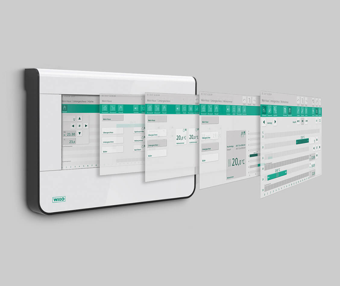 This picture shows the Geniax control unit with a preview of different screens of the interface.