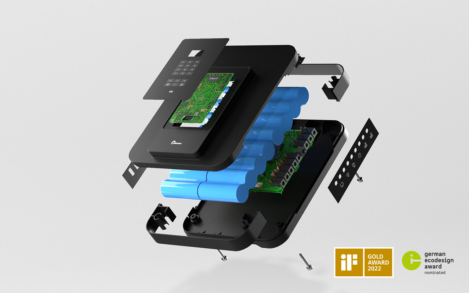 This image shows the exploded view of the Solego housing and the logos Bundespreis Ecodesign and iF Design Award 2022 Gold.