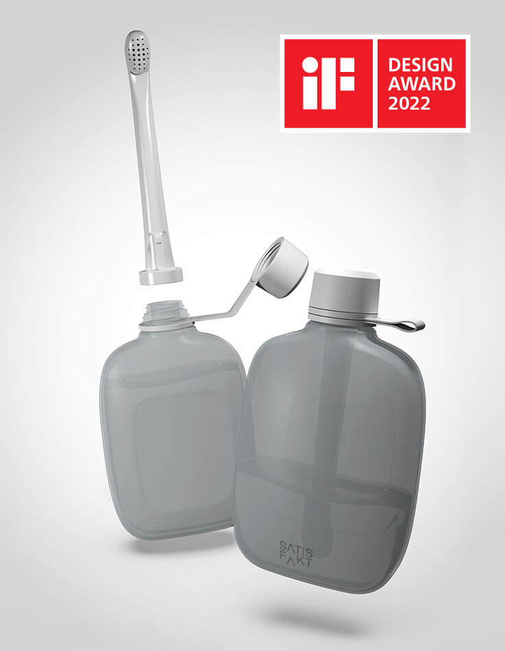 Das mobile Bidet im verschlossenen und geöffneten Zustand als Einzeldarstellung mit dem iF Design Award Logo.